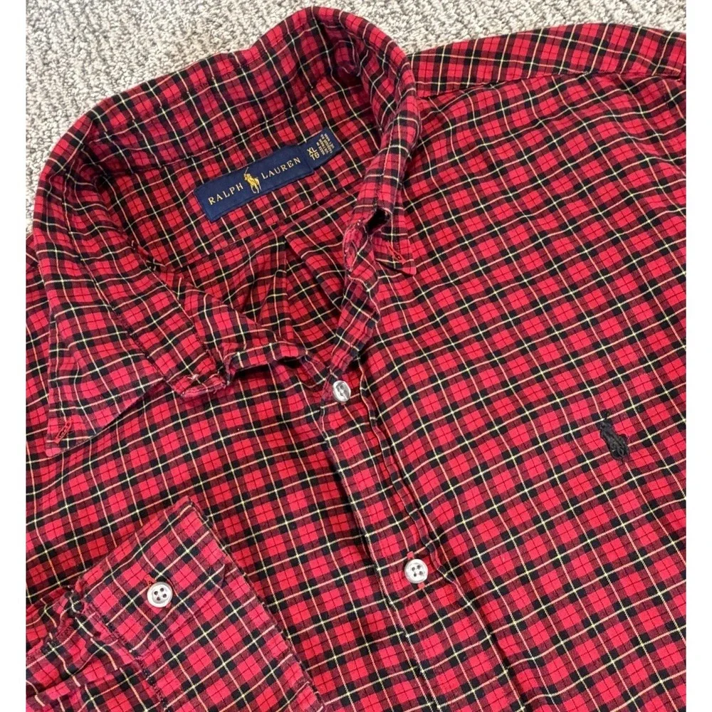 Polo Ralph Lauren Button Up Shirt Men's XL Red Black Plaid Preppy Midweight